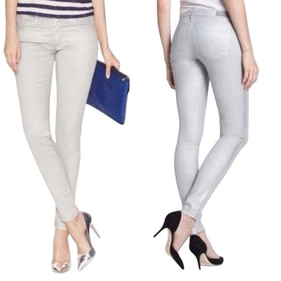 Adriano Goldschmied Silver Metallic Leggings 28R | Extreme Skinny Coated Jeans - Picture 1 of 16